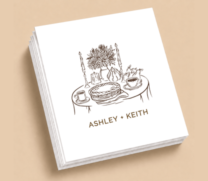 Personalized Thanksgiving wedding table napkin featuring a detailed pie, candle, flower, and autumn dinner table illustration with custom couple names.