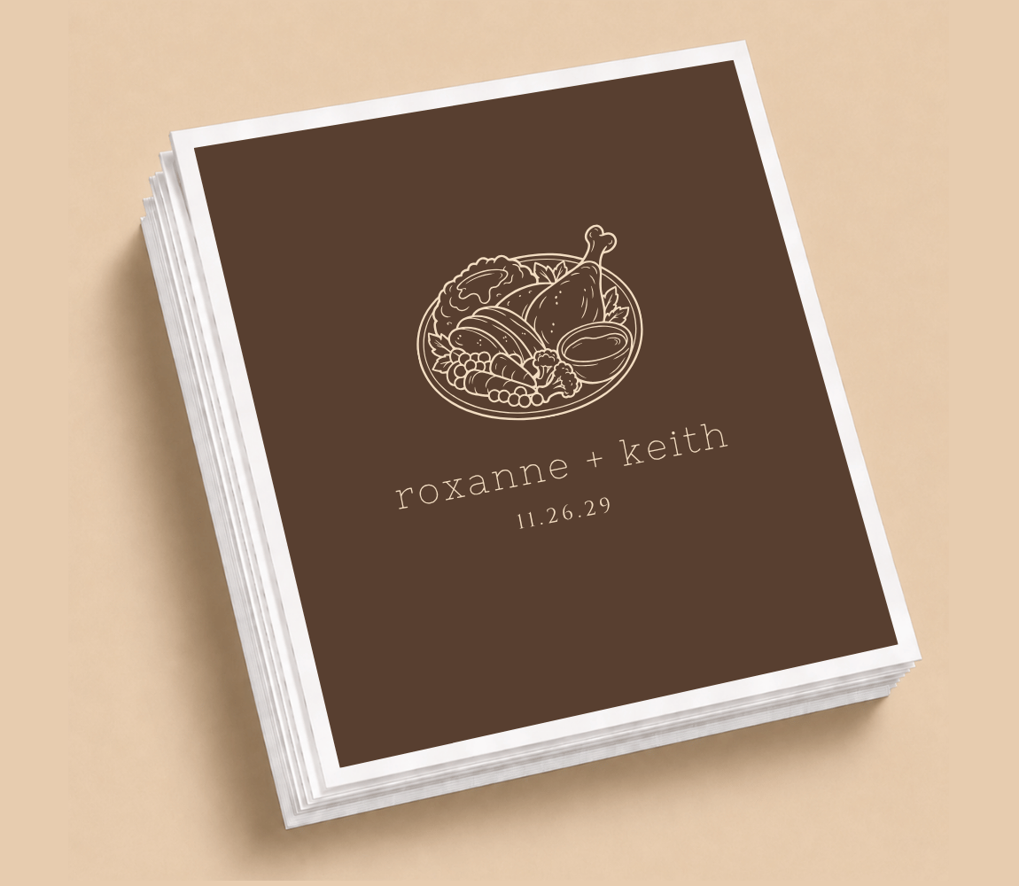 Personalized Thanksgiving wedding table napkins featuring a detailed turkey dinner illustration, custom couple names, and cream artwork on a chocolate brown background.