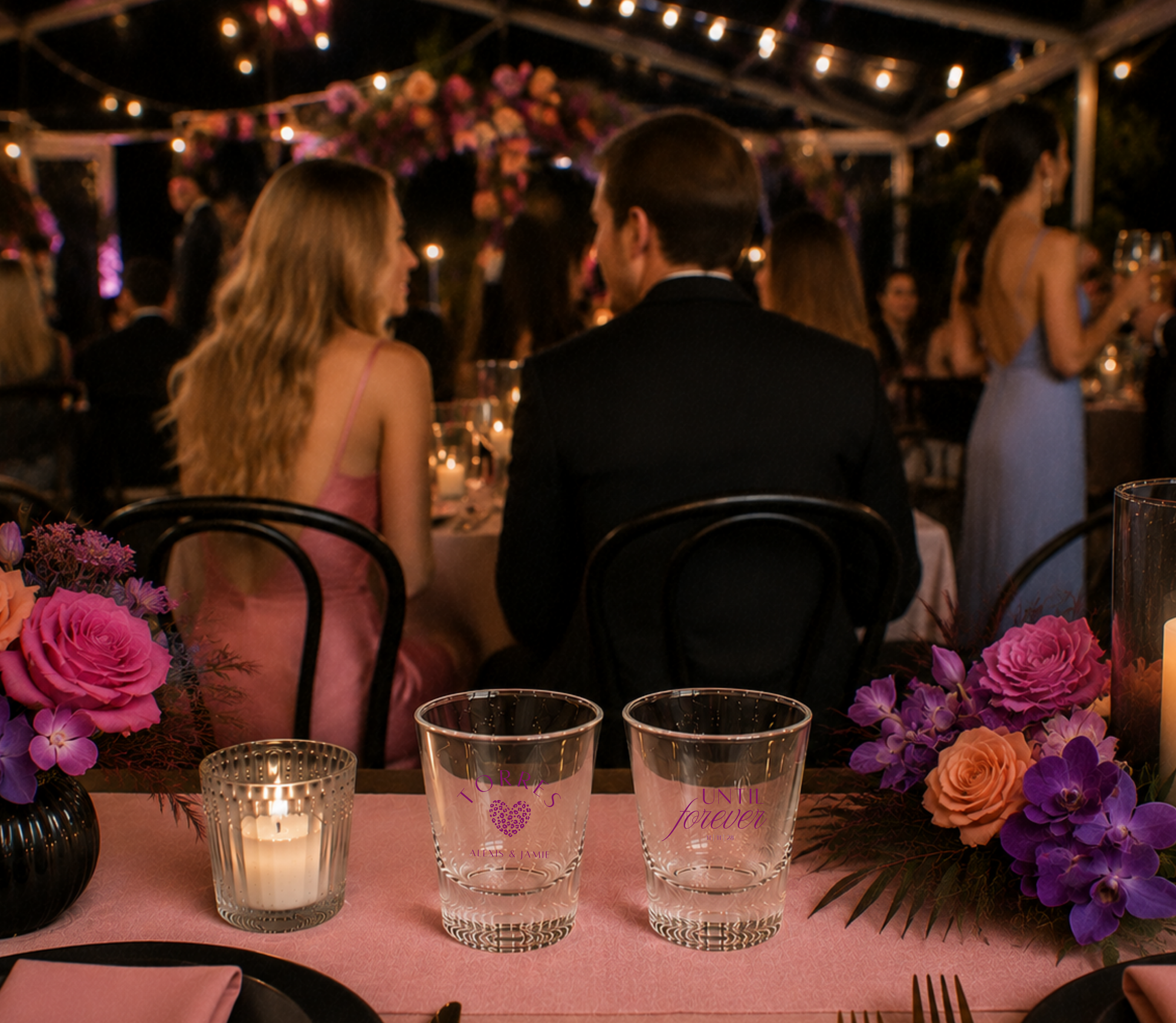 Until Forever personalized wedding shot glasses.

Modern wedding shot glasses with custom family name.

Custom wedding drinkware with heart design.