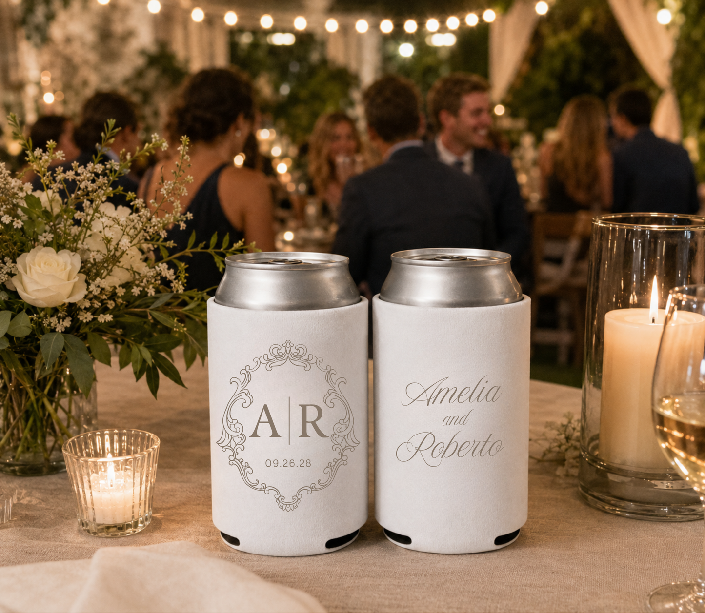 Custom white wedding can cooler with decorative monogram, couple names, and wedding date.
Premium foam wedding can cooler with custom monogram and elegant script typography.