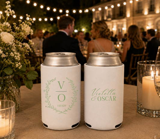 Personalized white wedding can cooler with botanical wreath and custom initials.
Reusable foam wedding can cooler with botanical monogram and wedding date.
