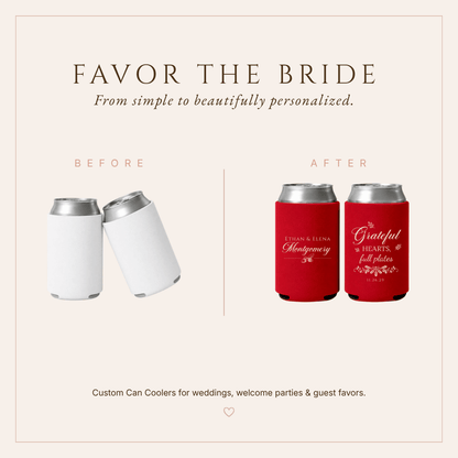 Custom Thanksgiving wedding favors featuring red neoprene can coolers with cream typography and botanical illustrations.