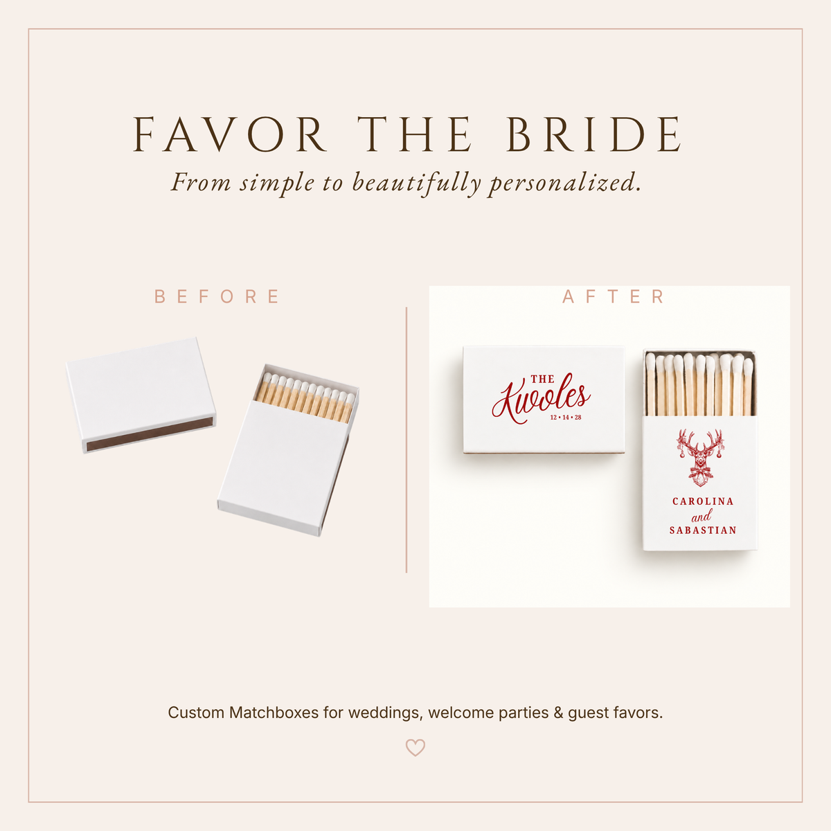 Personalized holiday wedding matchboxes featuring woodland deer artwork and festive details.