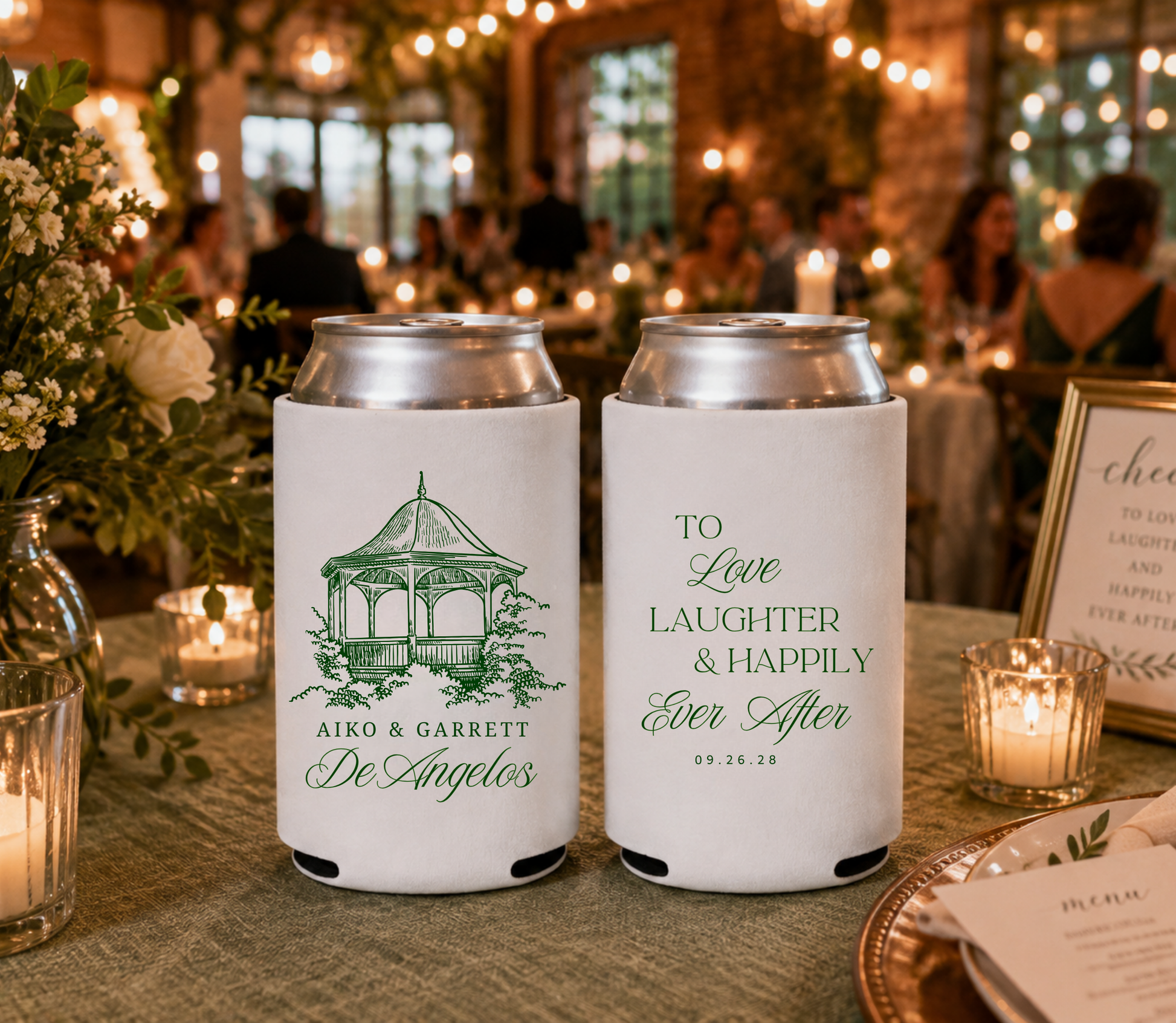
White gazebo wedding can cooler featuring a personalized outdoor venue illustration and custom couple names.
