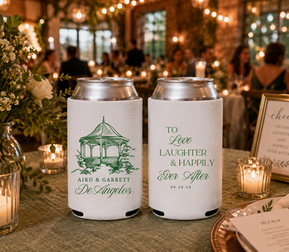 
White gazebo wedding can cooler featuring a personalized outdoor venue illustration and custom couple names.
