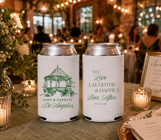 
White gazebo wedding can cooler featuring a personalized outdoor venue illustration and custom couple names.
