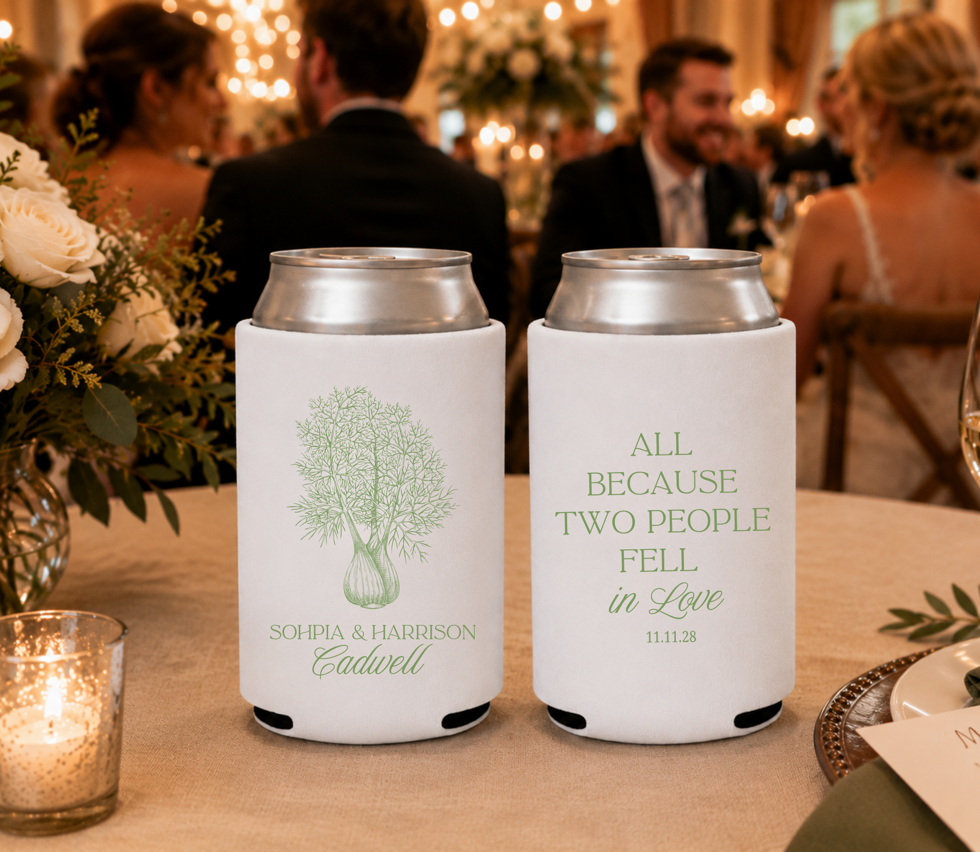 
White botanical wedding can cooler featuring elegant greenery illustration and personalized couple names.
