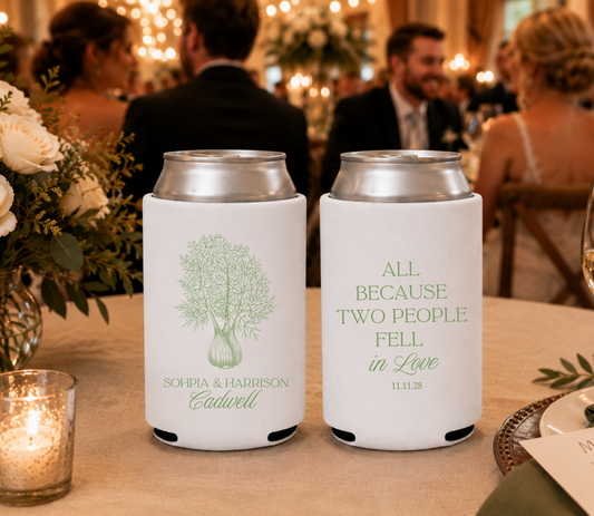 
White botanical wedding can cooler featuring elegant greenery illustration and personalized couple names.

