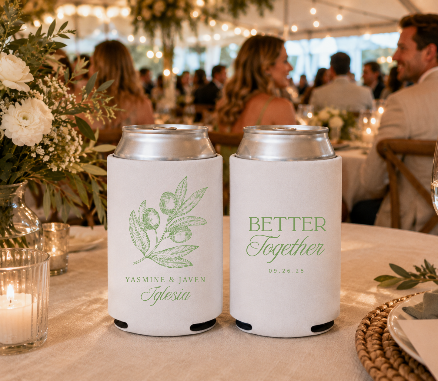
White olive branch wedding can cooler featuring personalized couple names and elegant botanical artwork.
