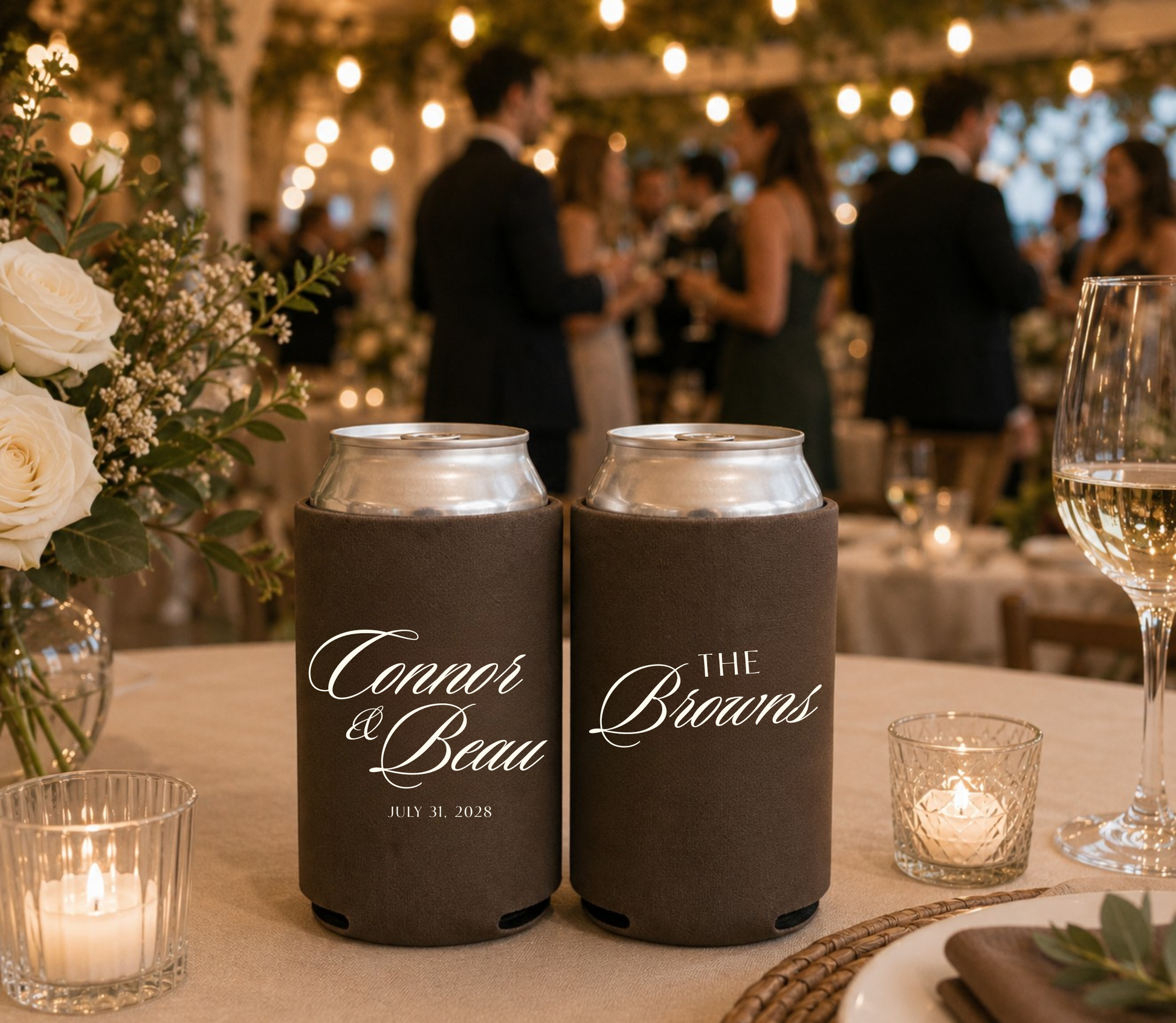 Personalized brown wedding can coolers.