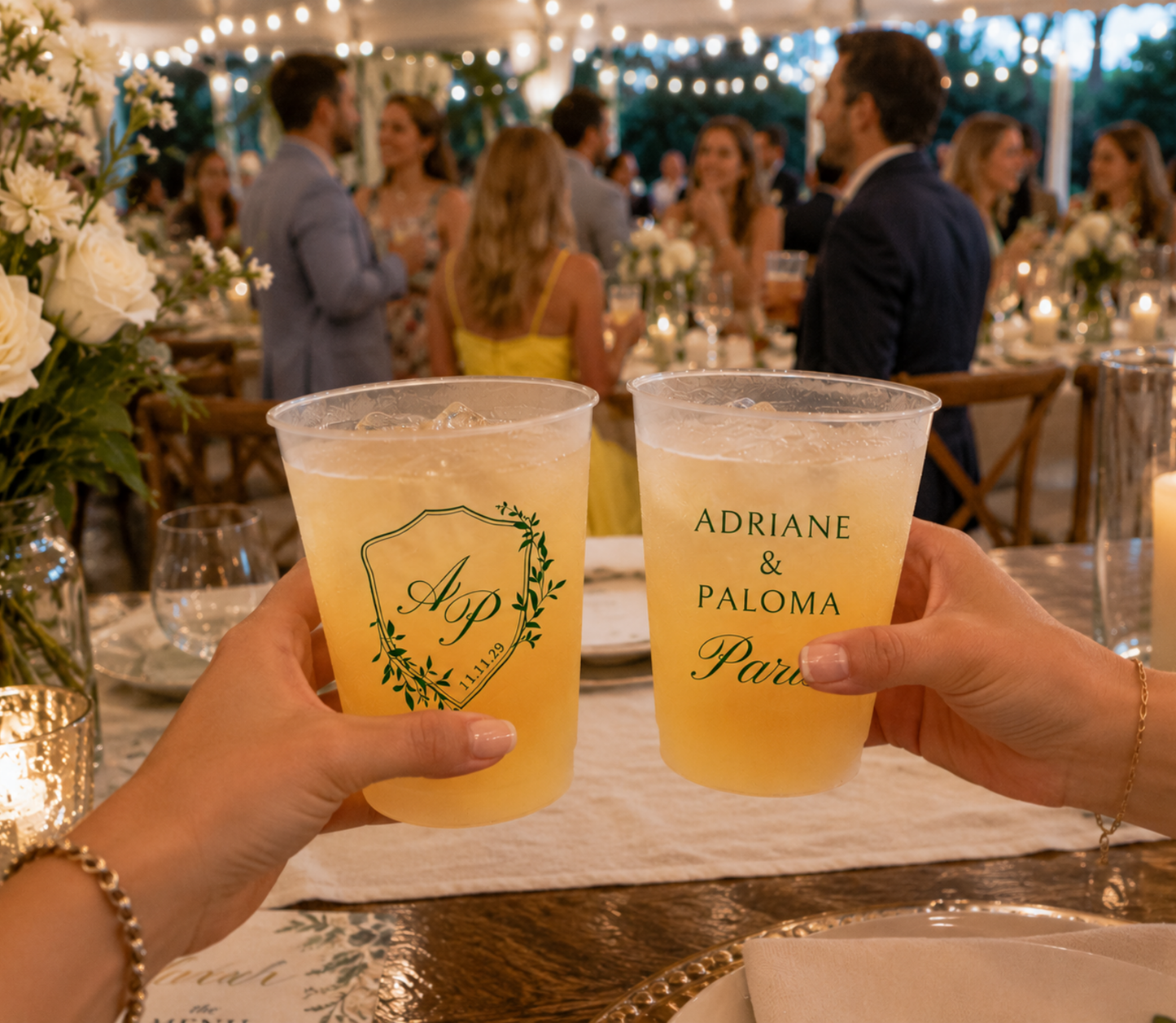 
Personalized crest frosted wedding cup featuring botanical greenery and custom initials.