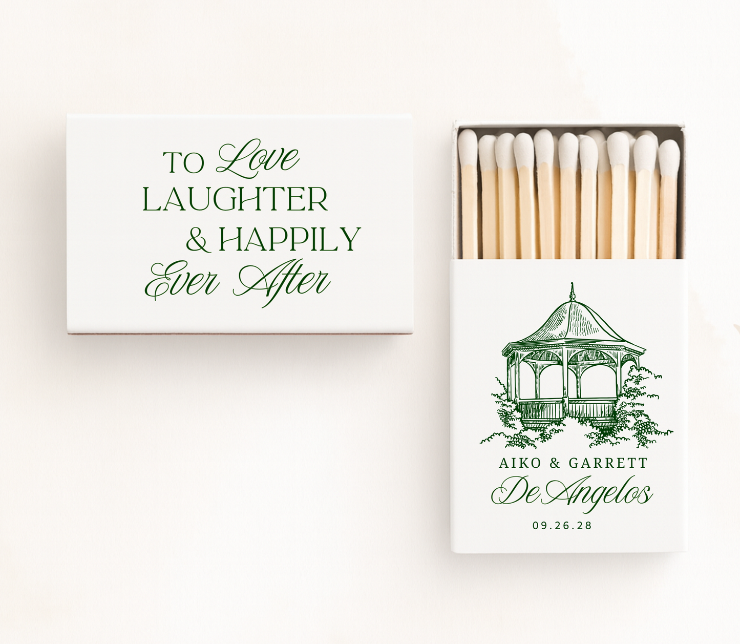 Personalized white wedding matchboxes featuring a custom gazebo venue illustration, couple names Aiko and Garrett, family surname DeAngelos, and wedding date.

Custom wedding matchbox with elegant gazebo venue illustration and personalized couple names.

White personalized wedding matchbox featuring a custom venue sketch and family surname.