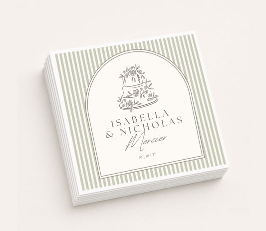 White personalized wedding table napkin featuring a hand-drawn floral wedding cake illustration, custom names Isabella and Nicholas Mercier, wedding date 10.10.27, framed with sage green pinstripes.
Personalized wedding table napkin featuring a vintage floral wedding cake illustration and custom couple names.
Elegant wedding reception napkin with hand-drawn cake artwork, personalized names, and wedding date.