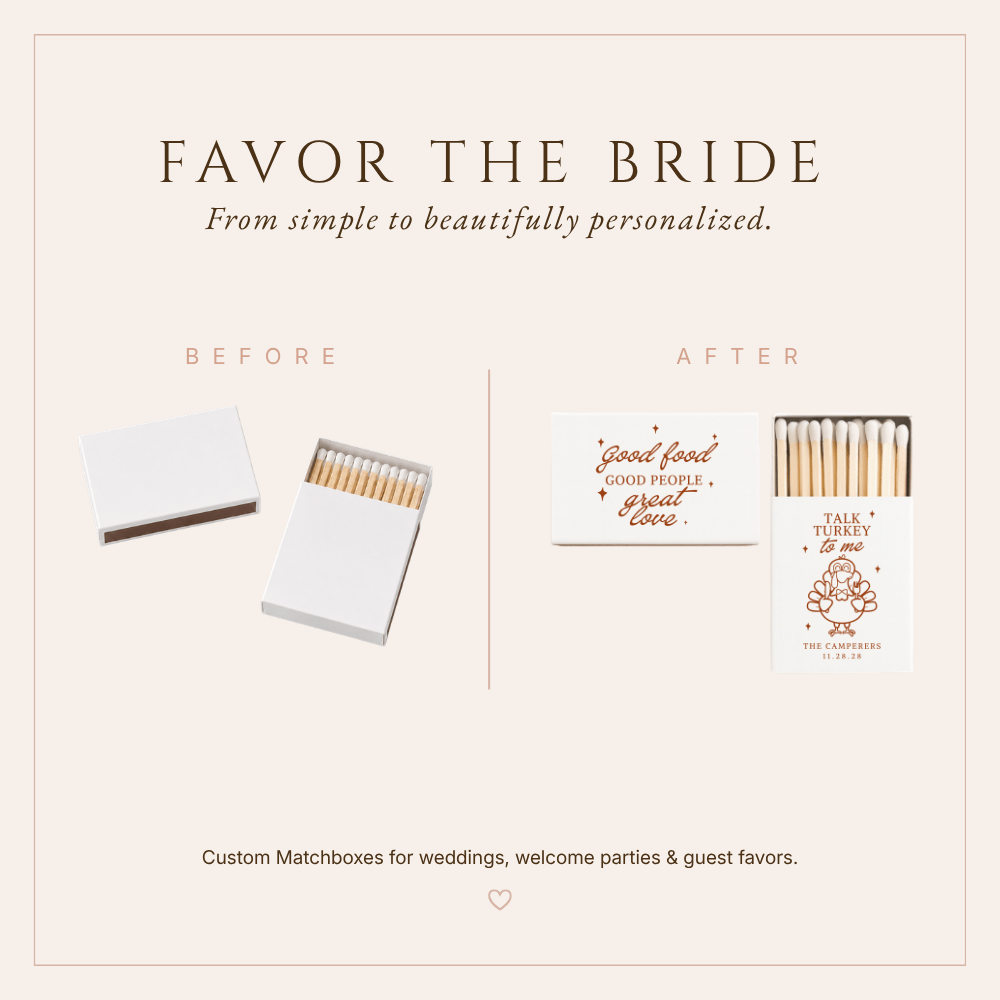 Cute personalized Thanksgiving matchbox favors for fall weddings featuring a turkey and festive autumn typography.