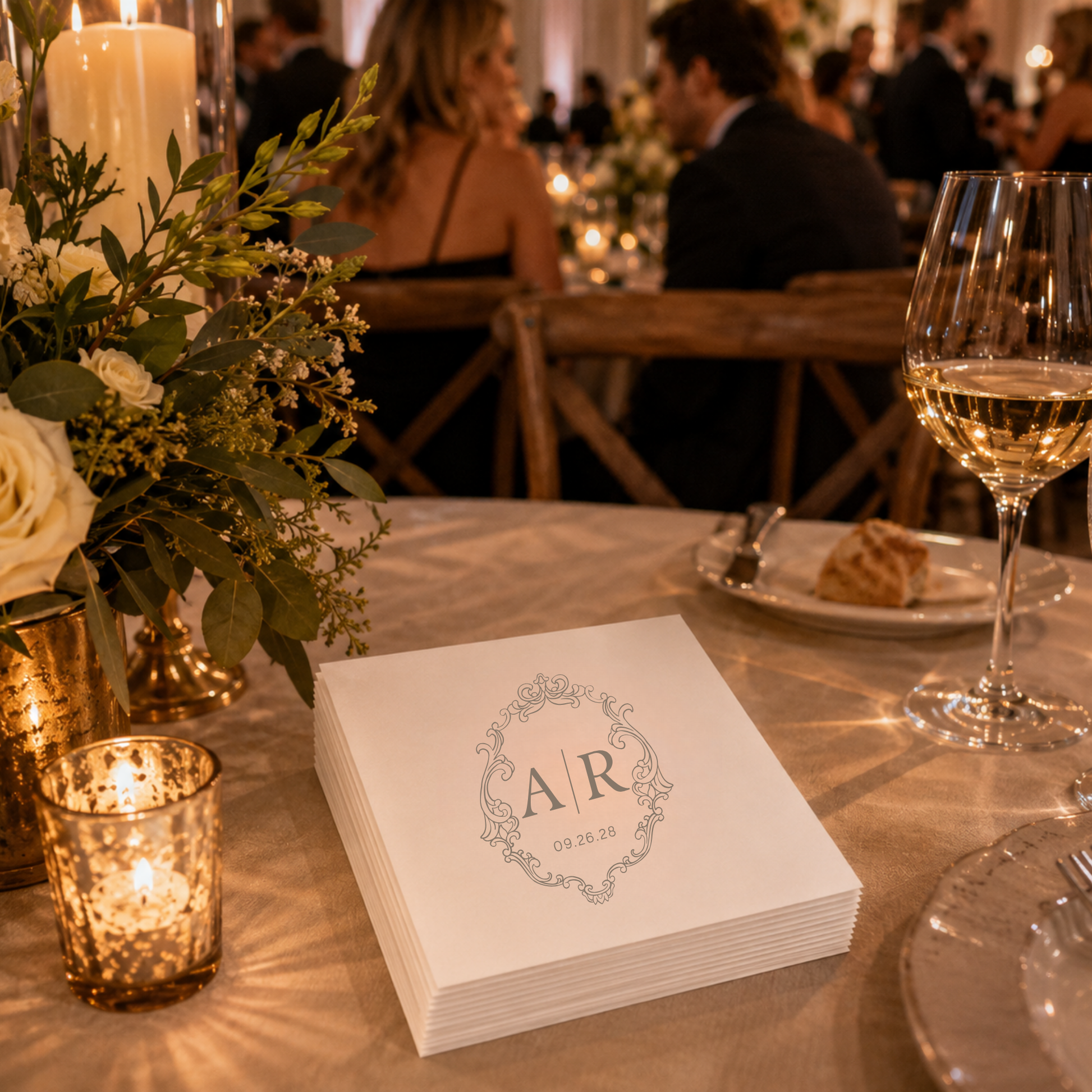 White custom wedding cocktail napkin featuring an elegant monogram frame and personalized initials.
