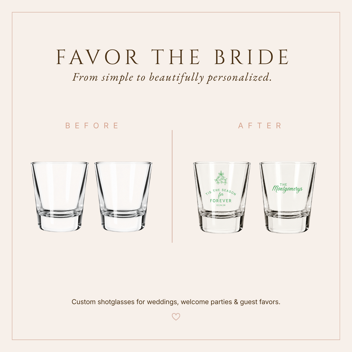 Festive personalized Christmas wedding shot glasses with romantic mistletoe design and custom family name.