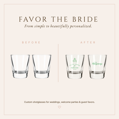 Festive personalized Christmas wedding shot glasses with romantic mistletoe design and custom family name.