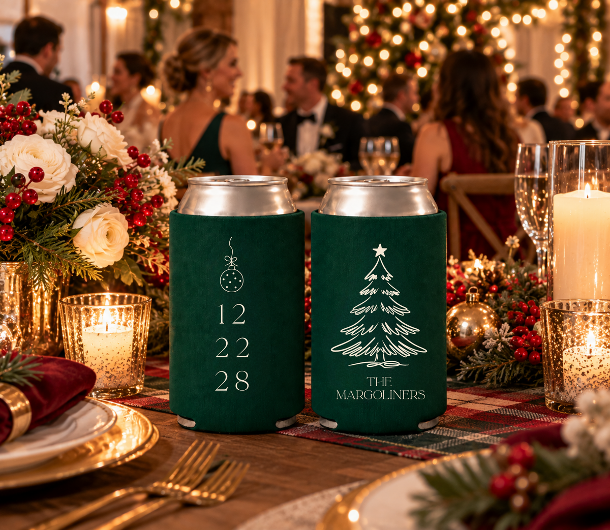 Personalized winter wedding can coolers featuring an ivory Christmas ornament, wedding date, and family name.