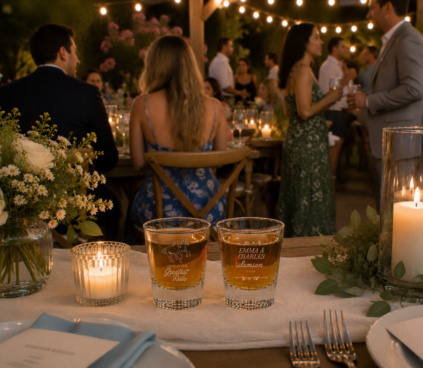 Western horse personalized wedding shot glasses.

Country wedding shot glasses with custom names.

Rustic horse wedding favor shot glasses.