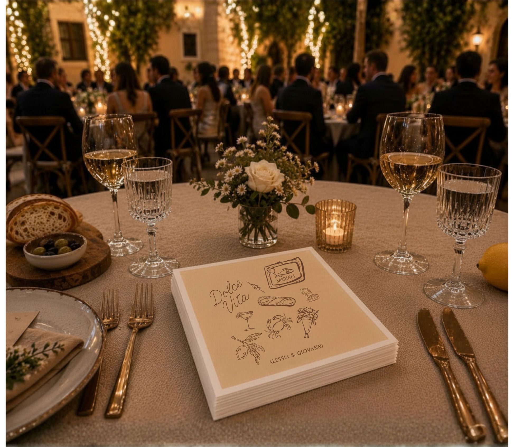 Italian-inspired wedding beverage napkins.