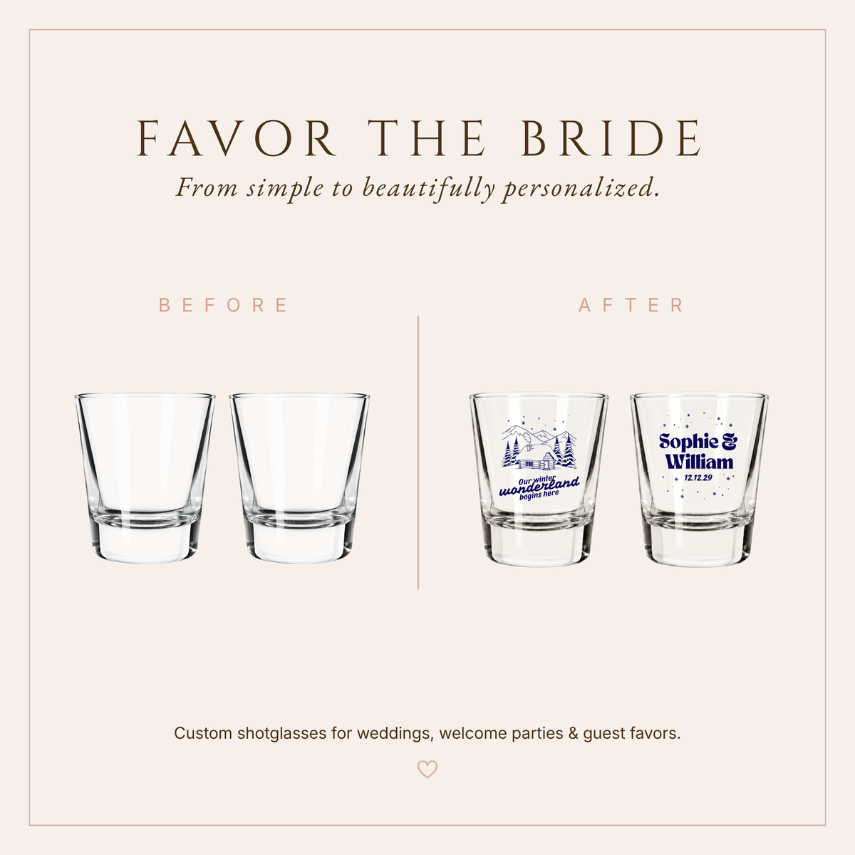 Personalized winter wedding shot glasses featuring “Our Winter Wonderland Begins Here” and snowy landscape artwork.