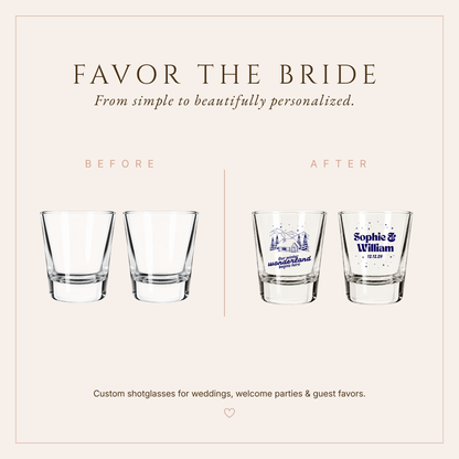 Personalized winter wedding shot glasses featuring “Our Winter Wonderland Begins Here” and snowy landscape artwork.