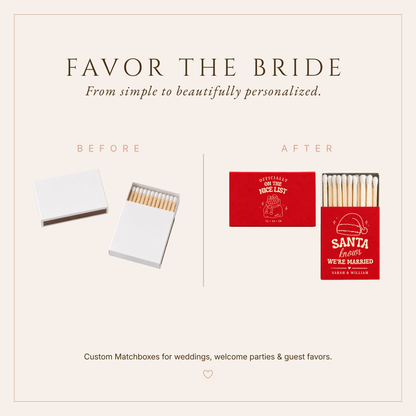 Christmas wedding matchboxes featuring Nice List wording, Santa theme, and custom wedding date.