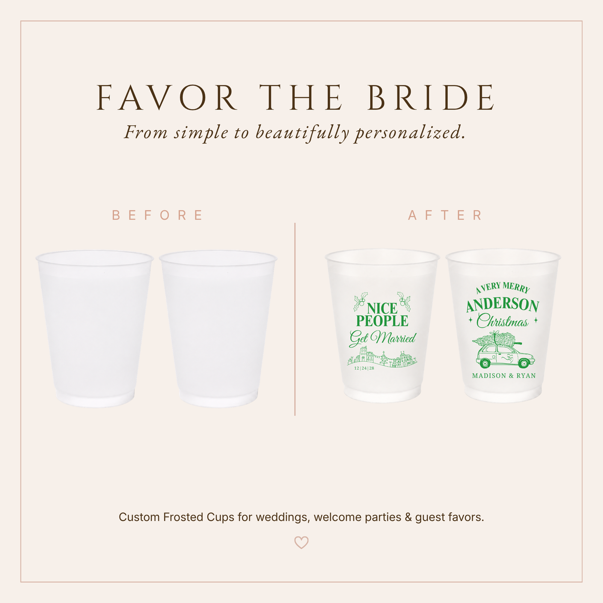 Reusable Christmas wedding cups with festive green holiday artwork and couple names.