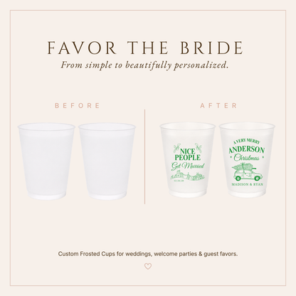 Reusable Christmas wedding cups with festive green holiday artwork and couple names.