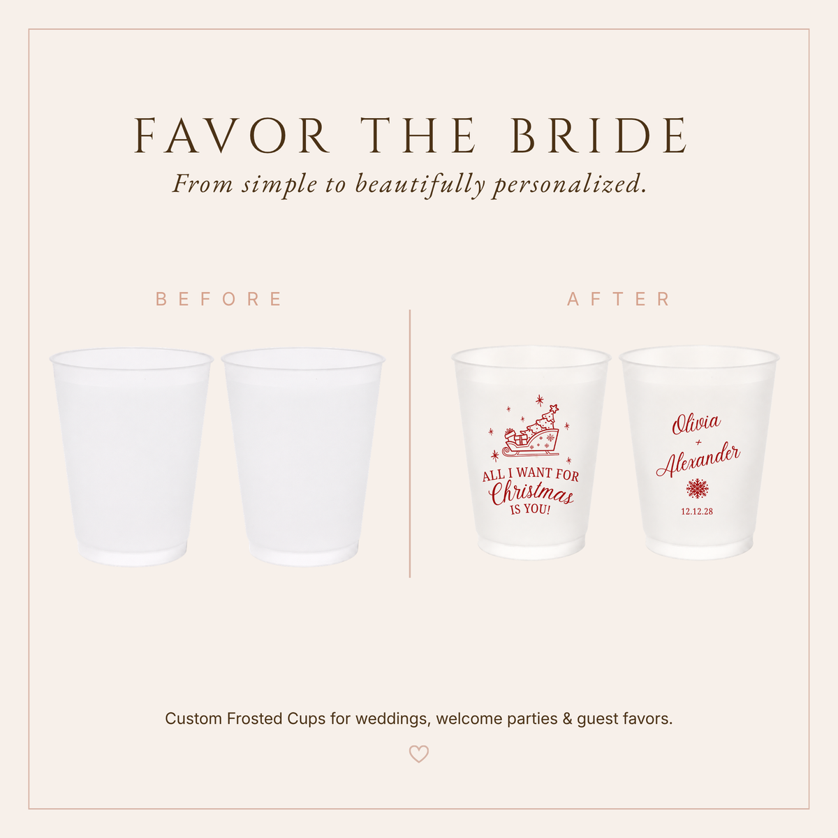 Reusable Christmas wedding cups with red holiday design and custom names.