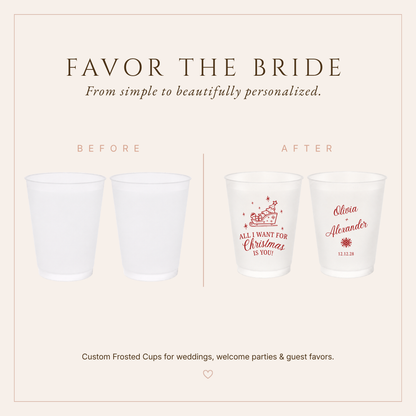 Reusable Christmas wedding cups with red holiday design and custom names.