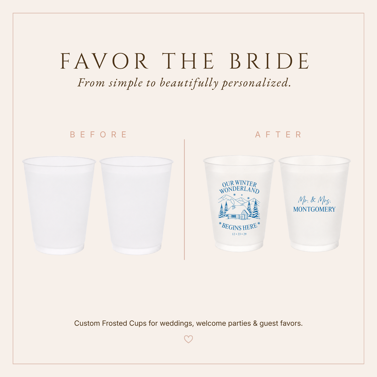 Winter wedding cups with cabin design, pine trees, couple names, and wedding date.