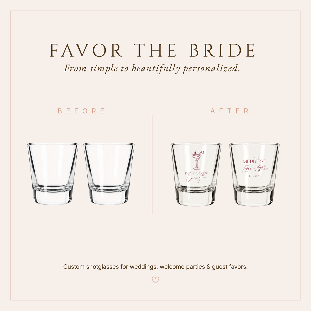 Personalized Christmas wedding shot glasses with Merriest Ever After wording and festive cocktail design.