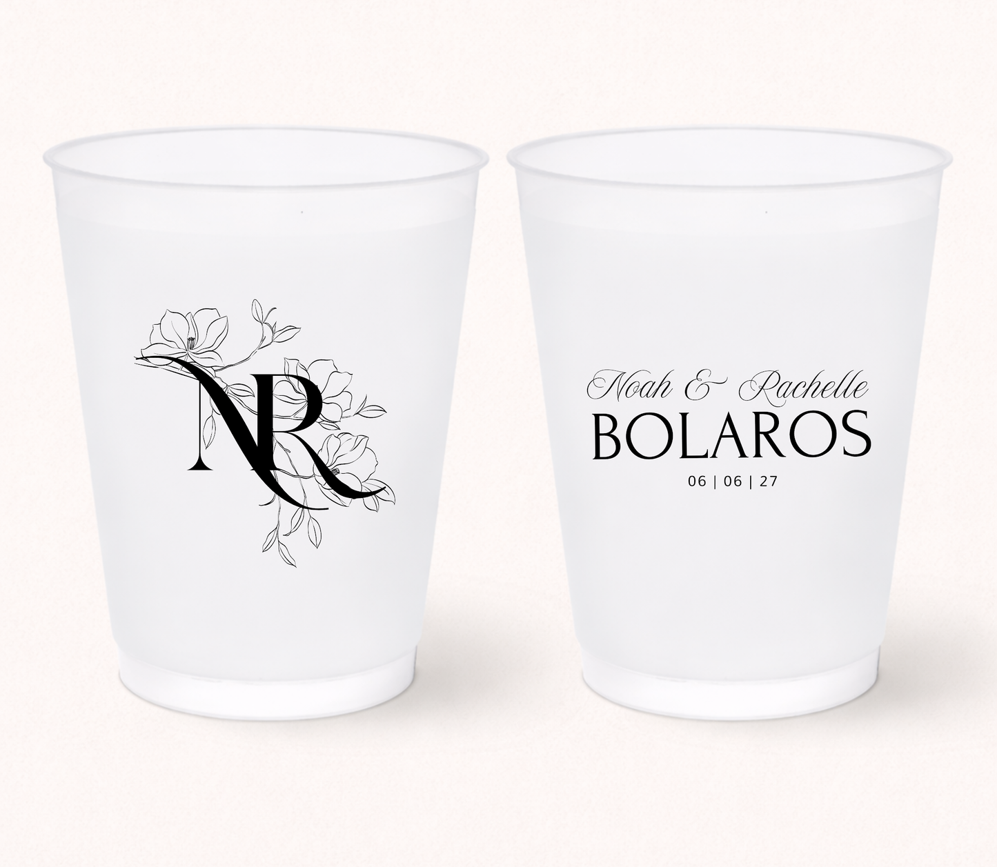 Floral monogram wedding frosted cups
Elegant personalized wedding cups with initials
Custom frosted cups with names and wedding date
Minimalist wedding drinkware with floral monogram
Romantic wedding favor cups for elegant receptions
Personalized bridal shower and wedding party cups