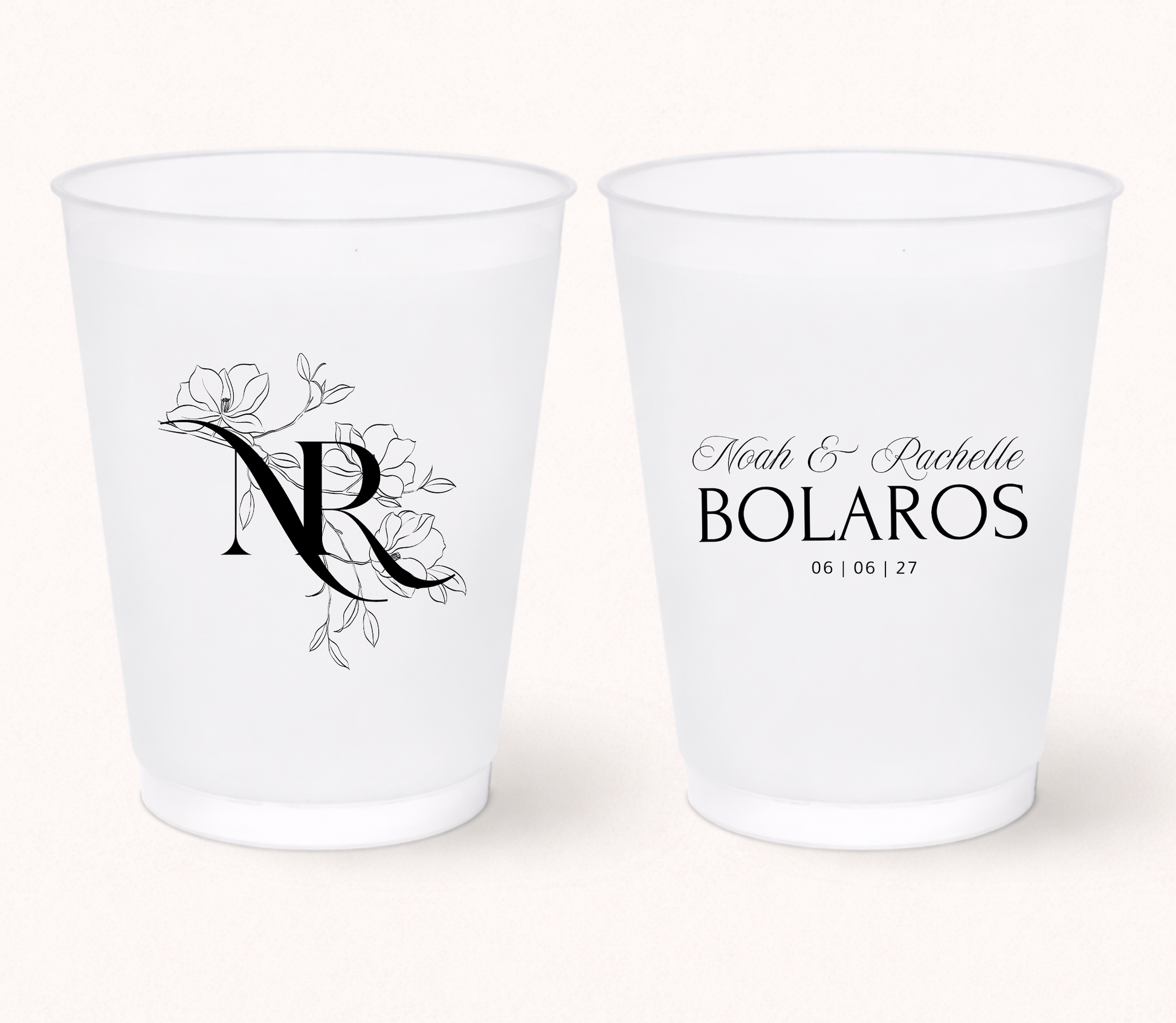Floral monogram wedding frosted cups
Elegant personalized wedding cups with initials
Custom frosted cups with names and wedding date
Minimalist wedding drinkware with floral monogram
Romantic wedding favor cups for elegant receptions
Personalized bridal shower and wedding party cups