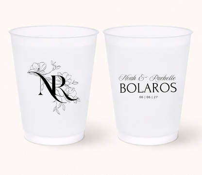 Floral monogram wedding frosted cups
Elegant personalized wedding cups with initials
Custom frosted cups with names and wedding date
Minimalist wedding drinkware with floral monogram
Romantic wedding favor cups for elegant receptions
Personalized bridal shower and wedding party cups