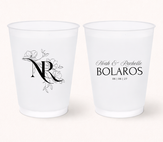 Floral monogram wedding frosted cups
Elegant personalized wedding cups with initials
Custom frosted cups with names and wedding date
Minimalist wedding drinkware with floral monogram
Romantic wedding favor cups for elegant receptions
Personalized bridal shower and wedding party cups