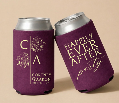 Personalized burgundy monogram wedding can coolers with cream floral initials and happily ever after party wording for elegant wedding favors