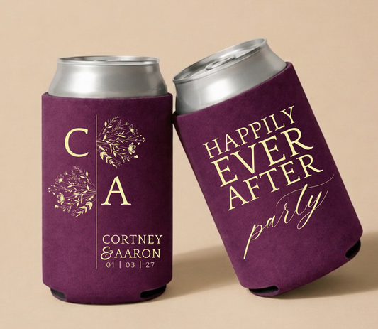 Personalized burgundy monogram wedding can coolers with cream floral initials and happily ever after party wording for elegant wedding favors