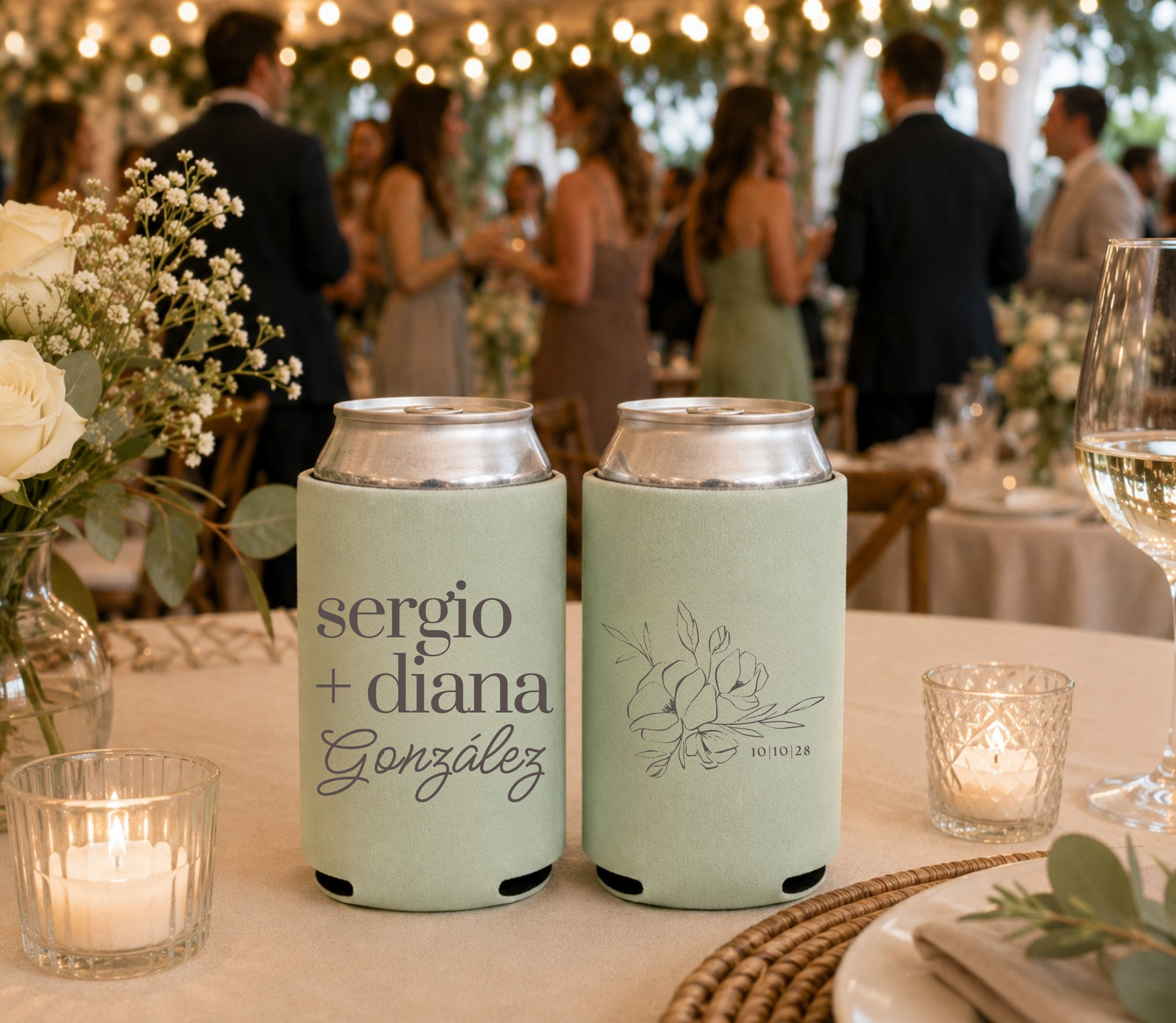 Custom sage wedding can coolers with floral artwork.