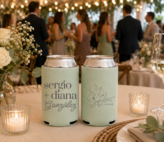 Custom sage wedding can coolers with floral artwork.