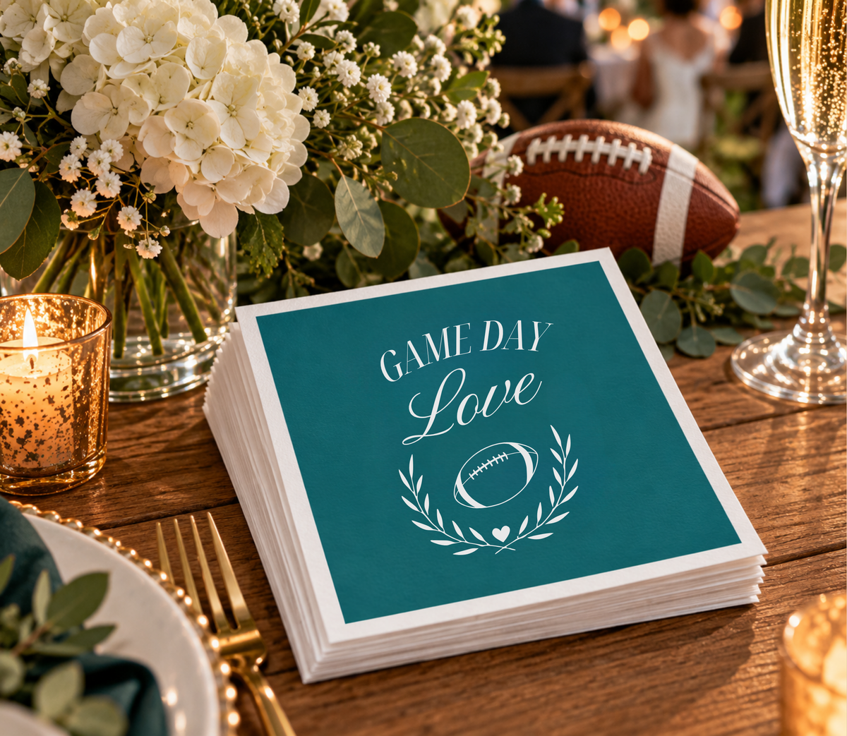 Personalized sports wedding napkins with football and heart artwork in a teal and white design.