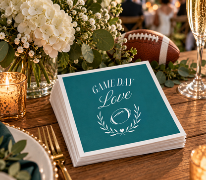 Personalized sports wedding napkins with football and heart artwork in a teal and white design.