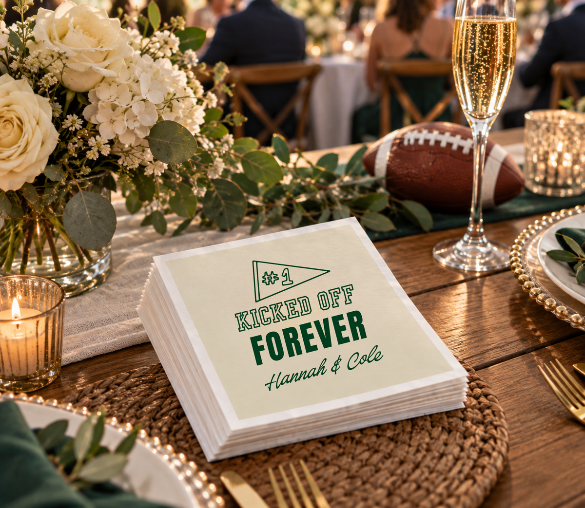 Personalized football wedding napkins with a classic #1 pennant and deep green athletic lettering.