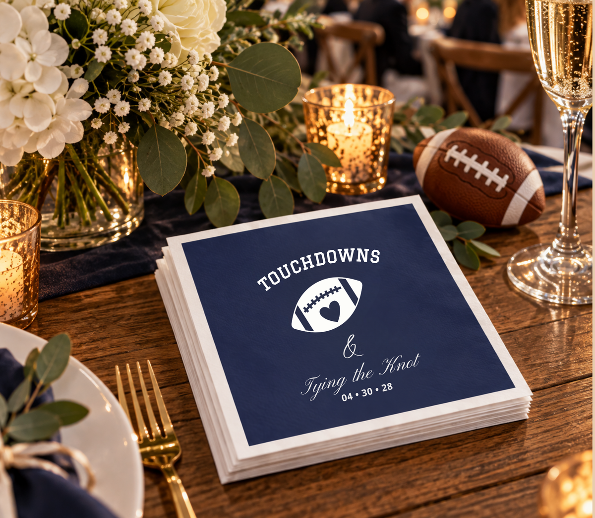 Personalized sports wedding napkins with football artwork, romantic wedding wording, and custom wedding date.
