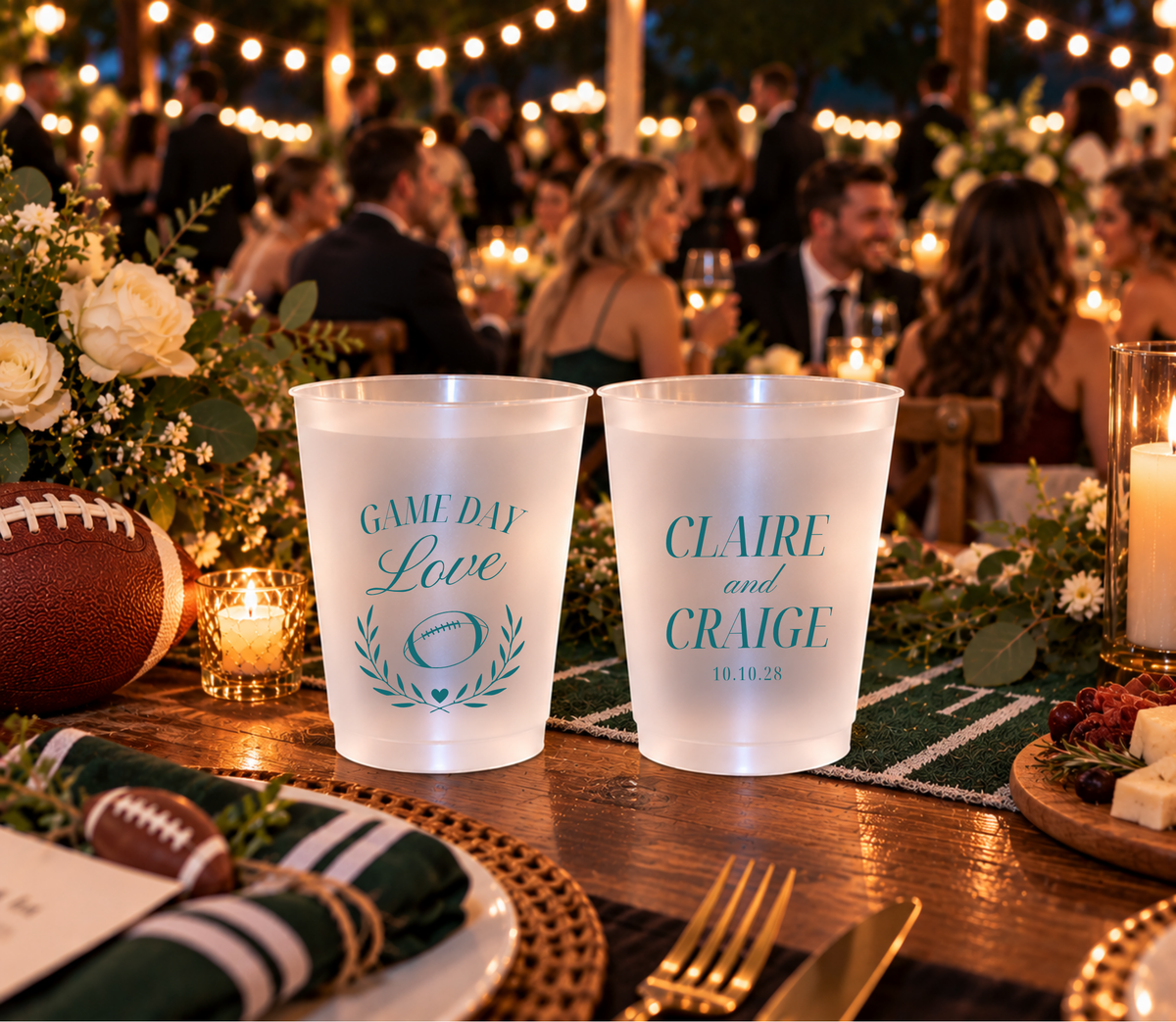 Personalized sports wedding cups with football and heart artwork in an elegant teal and white design.