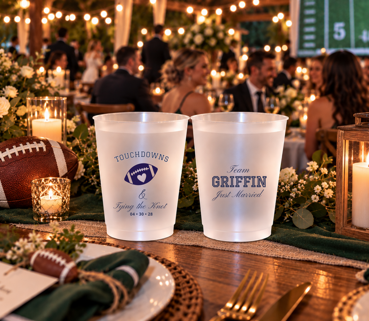 Personalized sports wedding cups with football artwork, navy lettering, Team Griffin wording, and Just Married details.