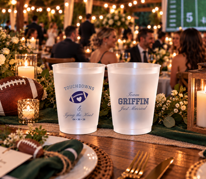 Personalized sports wedding cups with football artwork, navy lettering, Team Griffin wording, and Just Married details.