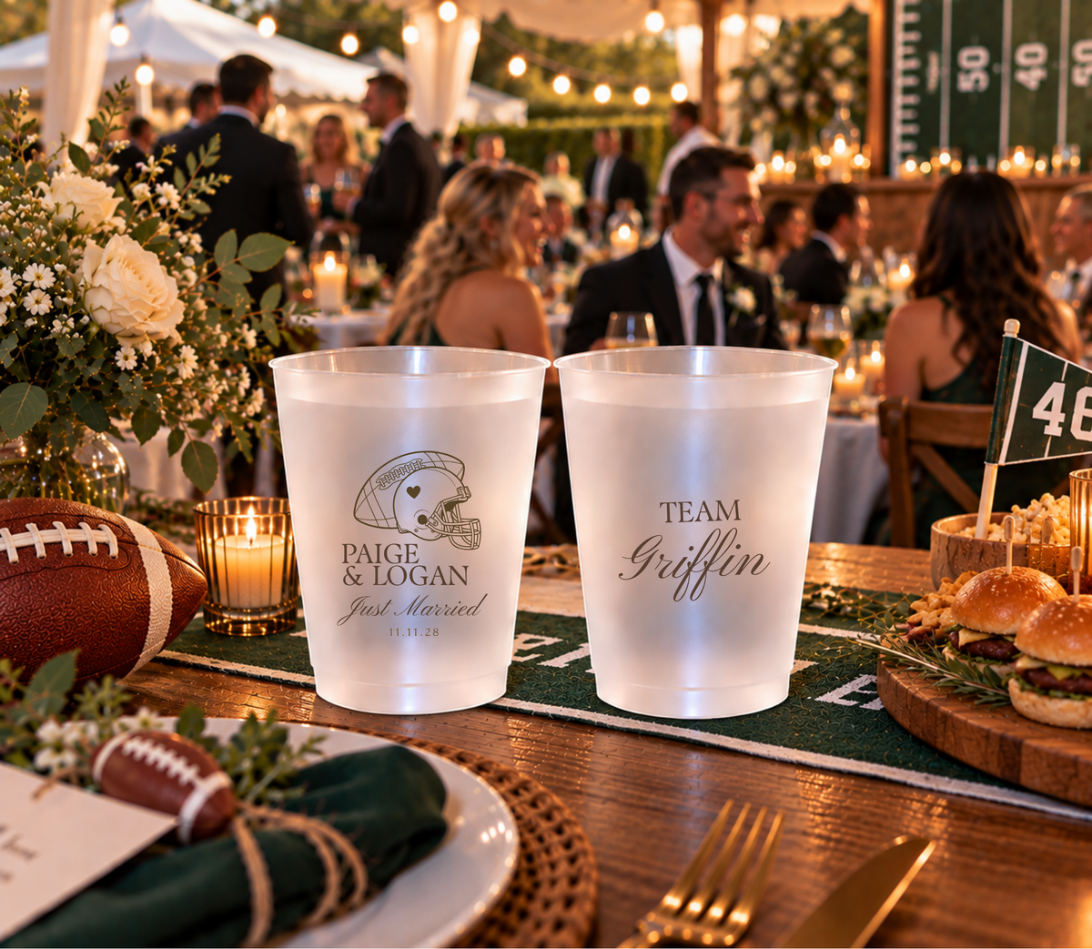 Personalized sports wedding cups with football helmet artwork, Just Married lettering, wedding date, and team personalization.`