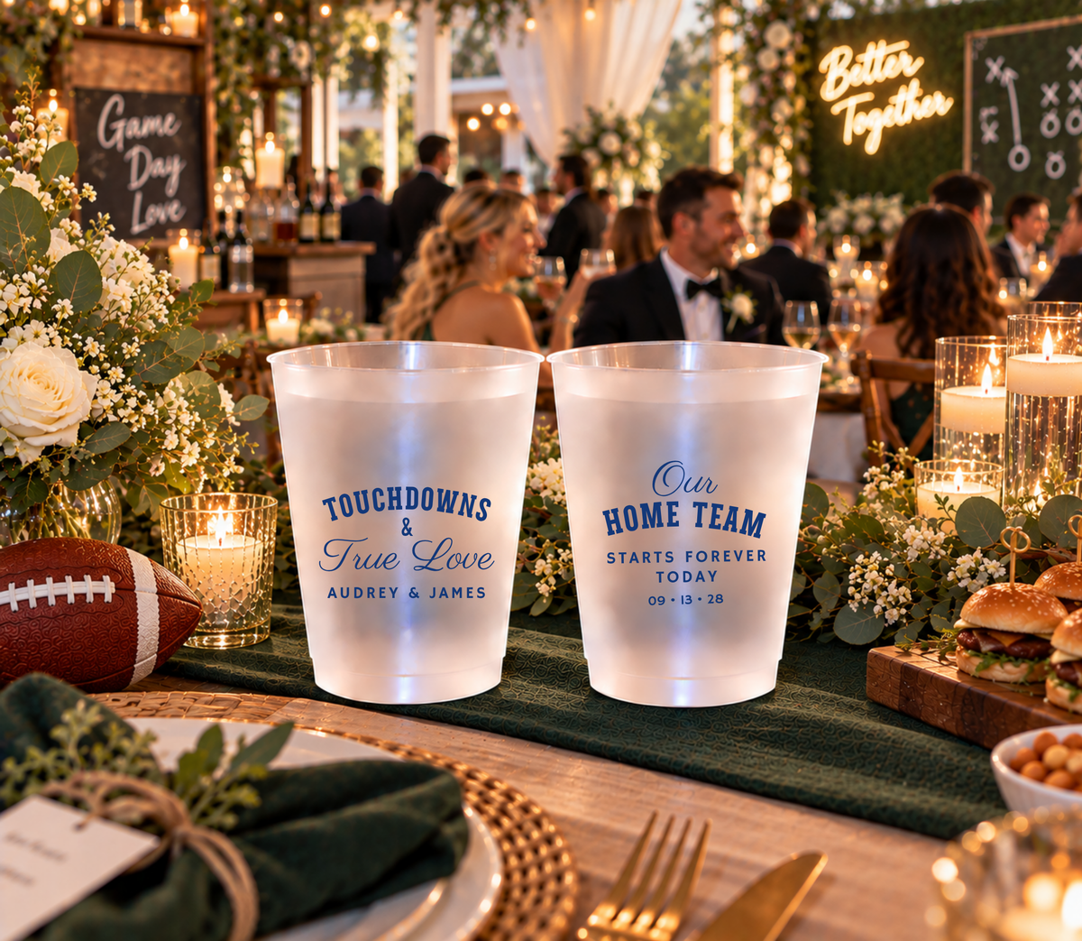 Personalized sports wedding cups with bold athletic lettering, elegant script, custom names, and wedding date.